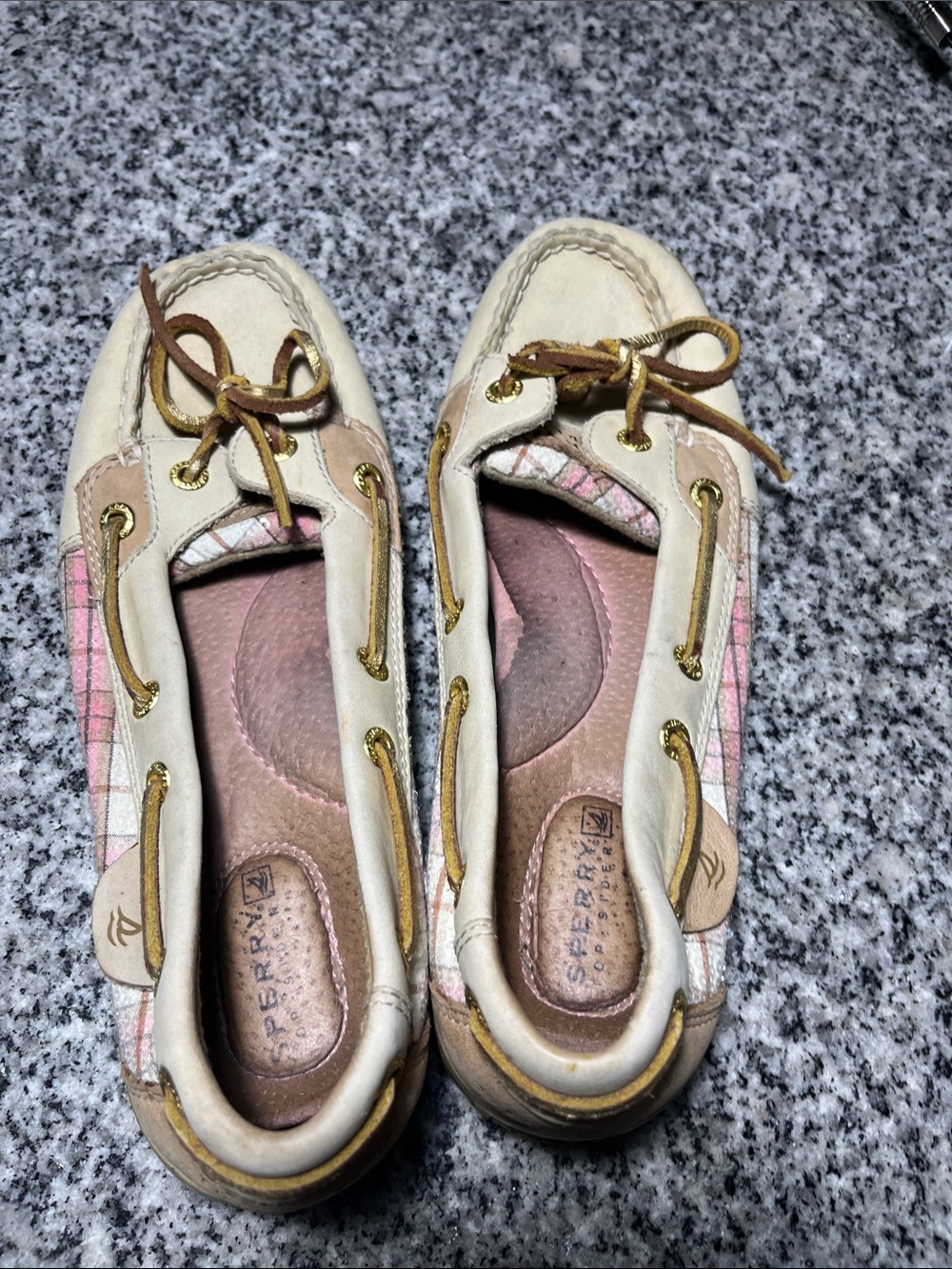 Sperry Beige and Pink Plaid Moccasin Boat Shoes